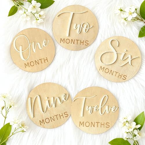 Baby Monthly Milestone，Wooden 3D Milestone Signs for Photo Props, Double Sided Baby Announcement Sign for Newborn, 6 Packs 1-12 Months