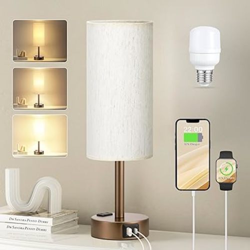 Brown Bedside Table Lamp for Bedroom - 3 Way Dimmable Touch Lamp USB C Charging Ports and AC Outlet, Small Lamp Round Flaxen Cream Fabric Shade for Living Room, Desk, LED Bulb Included