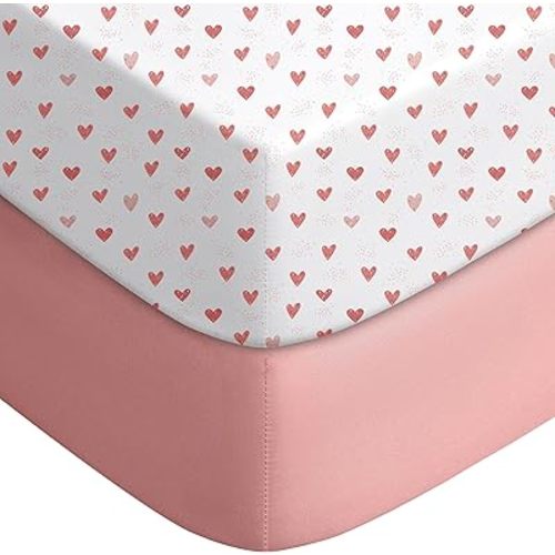 Yoofoss Pack and Play Sheets Fitted, Mini Crib Sheets 2-Pack for Pack N Play Mattress, Stretchy Playard Sheet, Soft and Breathable Pink + Heart