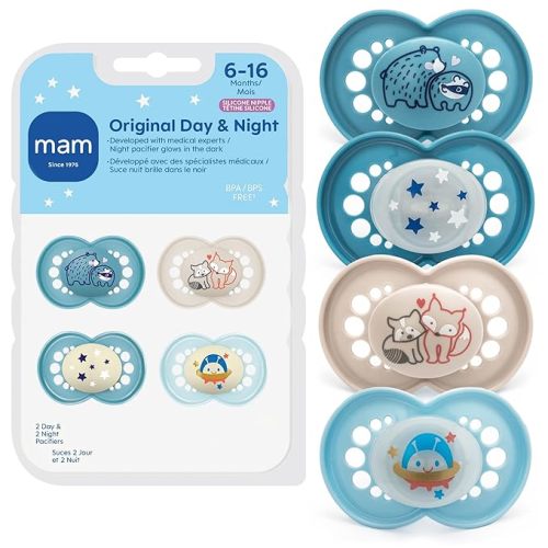 MAM Original Baby Pacifiers 6-16 Months, Glows in The Dark, 4 Pack | BPA-Free Skin Soft Silicone Nipple, Developed With Medical Experts, Easy Clean, Made In Europe