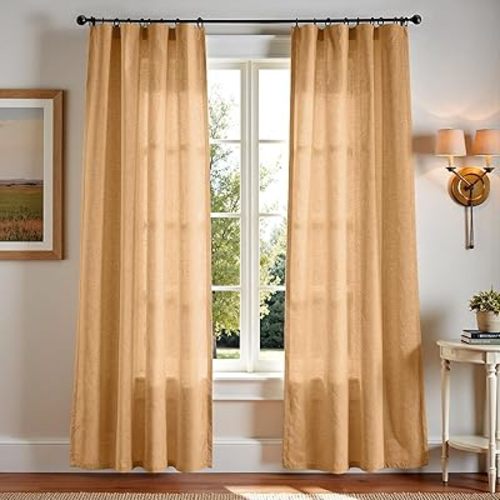 jinchan Linen Blend Curtains 84 inch Length 2 Panels for Bedroom Living Room, Light Filtering 50 inch Wide Farmhouse Drapes with Rod Pocket Back Tab(50W x 84L, Mustard Yellow)