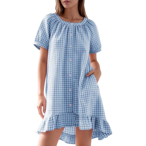 Flygo Womens Gingham Nightgown Cotton Ruffle Short Sleeve Button Down Sleep House Dress Summer Plaid Loungewear with Pockets