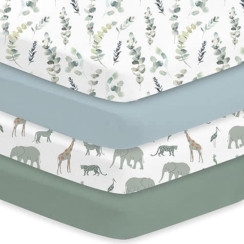 Little Grape Land Crib Sheets 4 Pack for Boys and Girls, Baby Neutral Crib Fitted Sheets for Standard Crib & Toddler Mattress, Super Soft Breathable Fitted Crib Sheet Set, Leaves & Safari