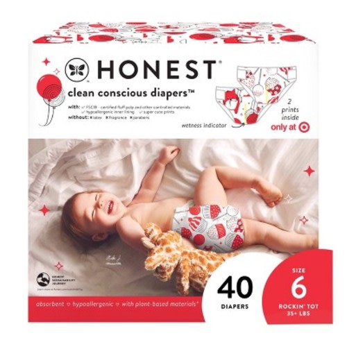 The Honest Company Clean Conscious Disposable Diapers In-RED-Ibly Delicious & So Fetch, Size: Size 6