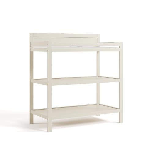 Storkcraft Alpine Changing Table (Frosted Oat) - Includes Water Resistant Changing Pad with Safety Strap, 2 Open Shelves for Storage