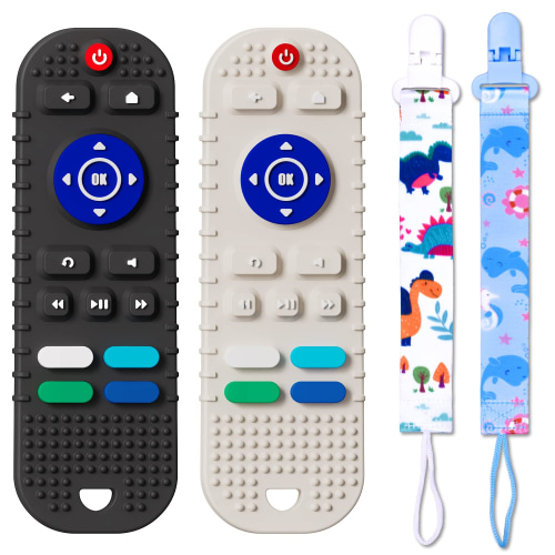 2 Pack Soft Silicone Baby Teething Toys for Toddlers, Teething Toys for Babies 6-12 Months - Boys Girls Baby Chew Toys Set, Remote Control Shape Teething Toys Gift(Black+Grey)