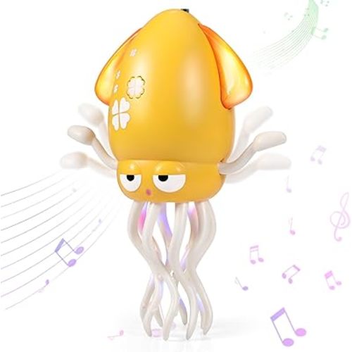 Dancing Octopus Baby Toy - Electric Crawling Musical Squid, Rechargeable Tummy Time Toy with Flashing Lights & Music, Interactive Sensory Learning Gift for Toddlers(Orange)