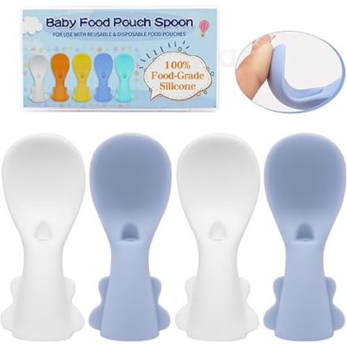 Leak-Proof Silicone Baby Spoon Topper: Easy Attach Spoons for Infant Food Pouches, Includes Baby Spoons, Spoon Silicone, and Squeeze Pouch Attachments, (Blue-White)