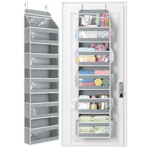 Yecaye 6 Tier Over the Door Organizer, Swing-proof Door Organizer Hanging with Clear PVC Windows, Behind the Door Storage for Bedroom Nursery Closet Laundry Pantry Bathroom, Grey