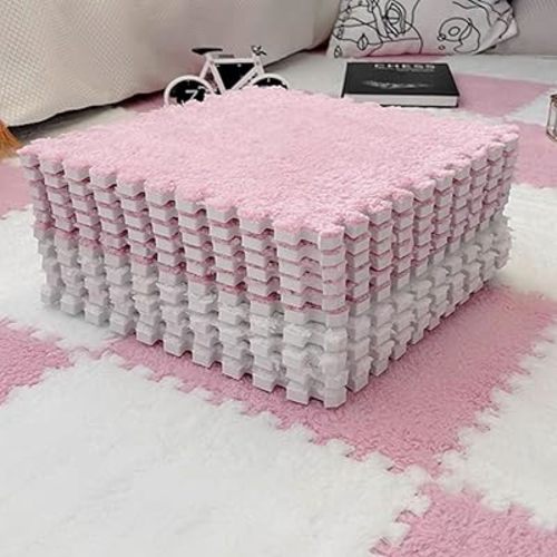 10pcs Plush Puzzle Foam Floor Mat, Soft Fluffy Interlocking Square Foam Tiles Area Rugs Carpet for Parlor Bedroom Decoration(11.8x11.8in, Pink & White)