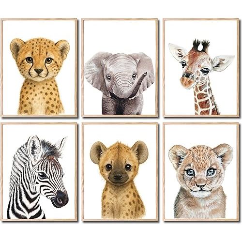 KIU DESIGNS Nursery Wall Art - Unframed Safari Nursery Decor - Set of 6 Animal Wall Decor Gift for Baby - Safari Portrait - 8"x10"