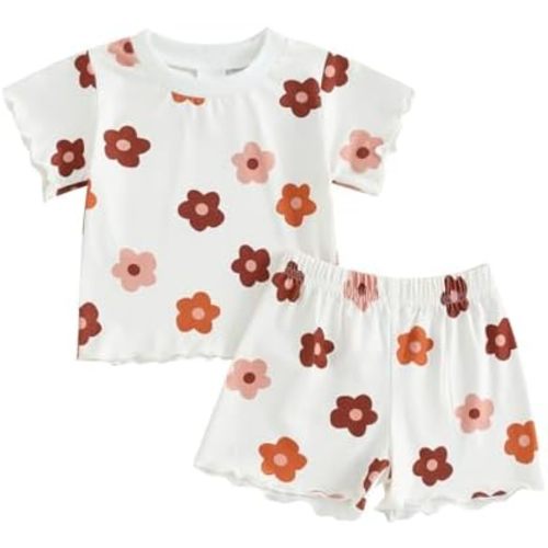 fhutpw Toddler Baby Girls Summer Outfits Daisy Ruffle Short Sleeve T-Shirts Tops Floral Shorts 2Pcs Clothes Set 6M-4T