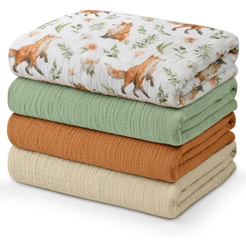 Muslin Swaddle Blankets for Newborn, 4 Pack Breathable Soft Receiving Blanket, Large 38 x 40 inches Swaddle Wrap Burping Clothes, Essentials Infant Shower Items, Toddler Gift (Forest Fox)