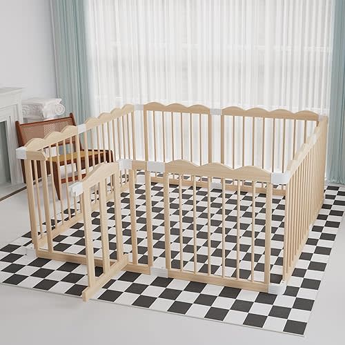 Baby Playpen, Wooden Playpen for Babies and Toddlers, Large Adjustable Wooden Baby Playard with Locking Gate, Easy to Assemble, Portable Play Pen, Infant Play Pen Play Area(47x62x24 Inch)