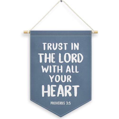 Blue Christian Kids Boys Room Decor, Scripture Trust in The Lord Banner Canvas, Vintage Bible Verse Nursery Wall Hanging Frame Decor Art Pennant Flag for Prayer Toddler Room Playroom 11x15in