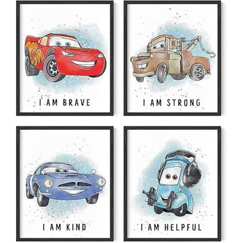 SUPPLY DROP Cars Poster Set 4-Pack Wall Art for Kids Bedroom - Lightning McQueen, Tow Mater, Finn McMissile, Guido, Fun Cars Room Decor for Boys and Girls (8x10”, Unframed)