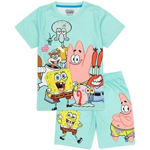 SpongeBob SquarePants Kids Pajama Set | Boys & Girls Blue Short Sleeve T-Shirt & Shorts | Squidward Patrick Mr Krabs Gary PJs