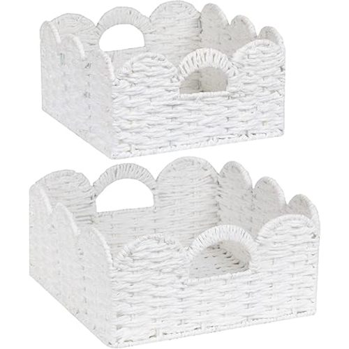 Scalloped Wicker Basket Natural Paper Rope Storage Baskets with Handles Handwoven Organizer Bin Wicker Storage Baskets for Home Decor, Organizing, 2 Pack (White)