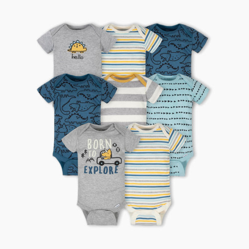 Gerber Short Sleeve Printed Onesies Bodysuits (8 Pack) - Blue Dinosaur, 6-9M