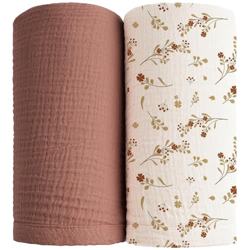 Konssy Muslin Swaddle Blankets for Boys Girls, 2 Pack Receiving Baby Blanket Large 47 x 47 inches, Soft Breathable Swaddling Wrap for Unisex Newborn (Chestnut, Posy)