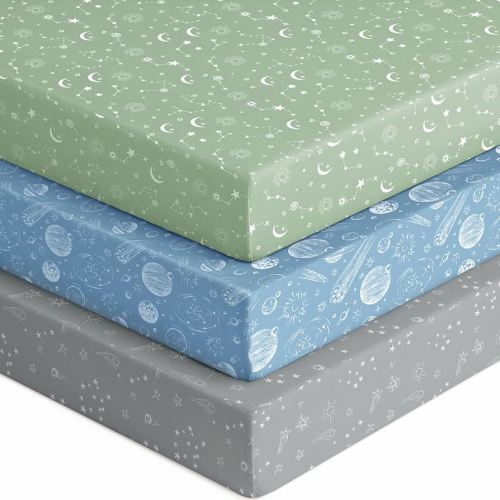 Baby Crib Sheets for Boys Girls, Fitted Crib Sheet Neutral 3 Pack for Standard Crib and Toddler Mattress, Breathable Soft Microfiber Baby Sheet 28x52x8in Green Gray Constellation
