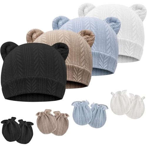 Newborn Baby Hat and Mittens Set Bear Ears Toddler Infant Beanie Caps Newborn Hospital Hat for Baby Boy Girl 0-3 Months