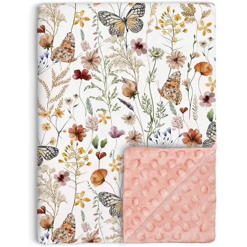 Wildflower Butterfly Baby Blanket for Girls, Soft Double Layer Minky with Dotted Backing, Flower Garden Theme Toddler Nursery, Newborn Infant Toddler Crib Bedding, Receiving Blankets, 30"x40"
