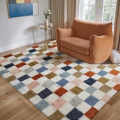 Checkered Rug 5x7 for Living Room, Modern Rainbow Shag Rug Super Soft Washable Indoor Fuzzy Carpet Non-Slip Fluffy Rugs for Bedroom Home Aesthetic Decor