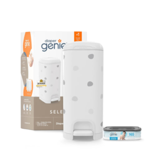 Diaper Genie Select Pail (Polka Dot) is Made of Durable Stainless Steel and Includes 1 Starter Square Refill That can Hold up to 165 Newborn-Sized Diapers.