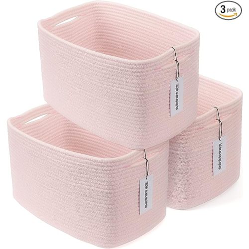 Cotton Rope storage Basket Bins Woven Basket for Organizing Shelves Rectangle Decorative Baskets For storage Clothes Toys Books Towels Square Wicker Nursery basket organizer 3 pack light pink