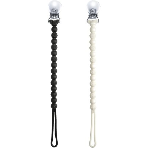 RaZbaby Silicone Pacifier Holder 2 Pack, RaZzies Durable Textured Lanyard Fits Most Pacis Toys, 100% Soft BPA-Free Silicone, Attachable Clasp, Universal Fit, Lightweight – Black/White