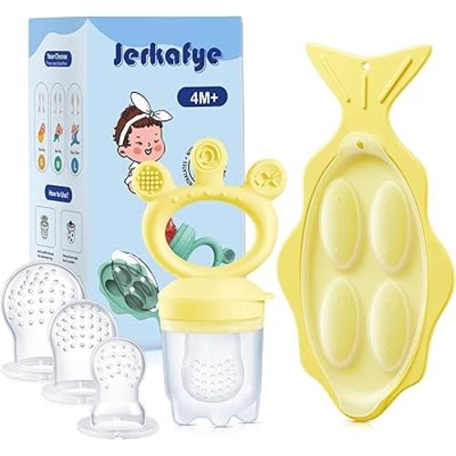Baby Fruit Feeder with Fish-Shaped Freezer Tray, Baby Fresh Food Feeder, Teething Toys, Breastmilk Popsicle Molds for Infant Self-Feeding, Includes 3 Different Sizes Pacifiers Fit for 4 Months+