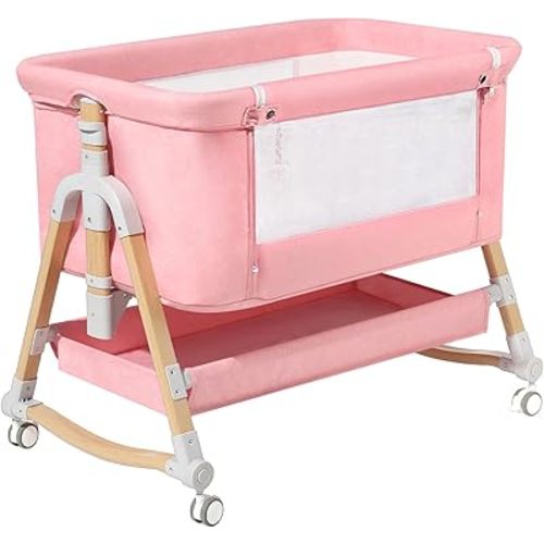 HARPPA Cuddly 3 in 1 Baby Bassinet Bedside Sleeper(Mosquito Net Included), Five-Position Adjustable Bedside Crib with Storage for Newborns, Portable Bassinet with Anchor Strap (Wood Grain, Pink)