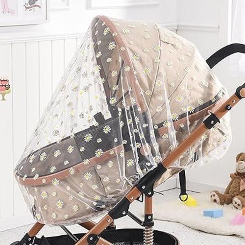 Mosquito Net for Stroller,Baby Pram Net Portable Daisy Print Stroller Netting Cover Perfect Bug Net for Strollers,Bassinets,Mini Crib,Cradles and Playards (White Daisy)