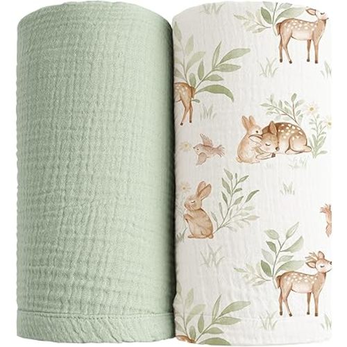 Konssy 2 Pack Muslin Swaddle Blankets, 100% Cotton Receiving Blanket Large 47 x 47 inches for Baby Boys Girls, Soft Breathable Muslin Baby Blanket for Newborn (Woodland,Sage)