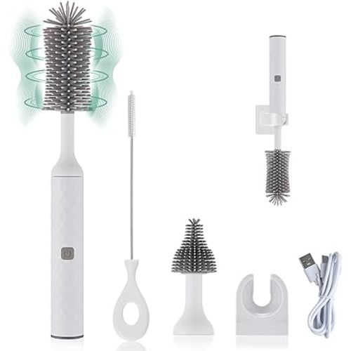Rechargeable Electric Bottle Brush Cleaner Set with 3 Piece Silicone Baby Bottle Brush Cleaner and Straw Cleaner Brush,BPA Free,Waterproof,Perfect Baby Registry Gift,White
