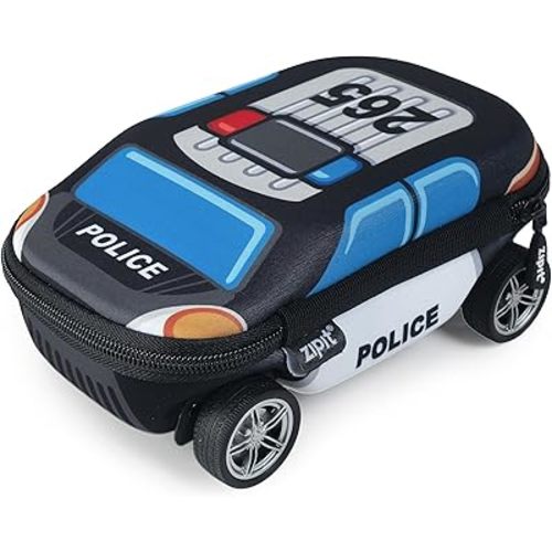 ZIPIT Police Car Pencil Case for Boys, Large Capacity Pencil Box for School with Spinning Wheels, Blue