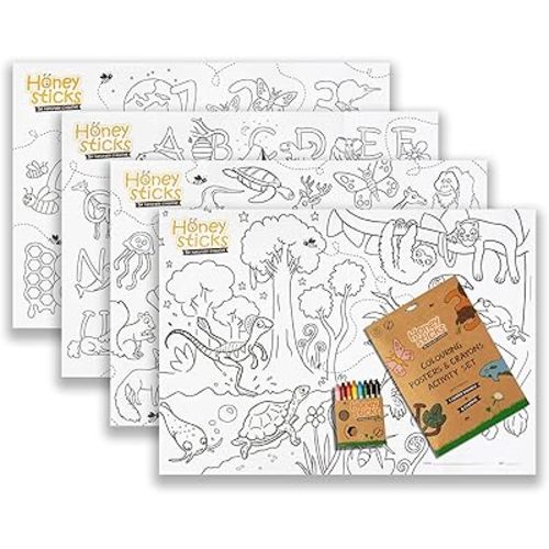 Honeysticks Kids Activity Set - 4 Giant Coloring Posters for Kids and 8 Jumbo Beeswax Crayons - Fun and Educational Posters for Toddler, Preschool Coloring. Perfect Gifts for Toddlers, Kids Aged 3-5
