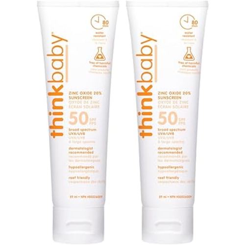 Thinkbaby SPF 50 plus Baby Mineral Sunscreen – Safe, Natural Sunblock for Babies - Water Resistant Sun Cream – Broad Spectrum Sun Protection – Vegan Baby Sunscreen Lotion, 3 Oz, Pack of 2