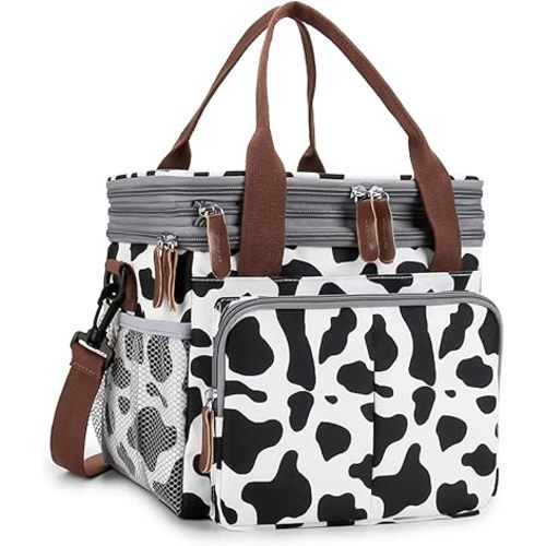 MOV COMPRA Lunch Bag for Women Men Double Deck Expandable Lunch Box,Large Lunch Bags,Leakproof Lunch Box Cooler Bag(Cow Print)