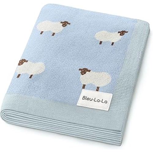Knit Baby Swaddle Blanket for Boys - 100% Cotton Soft Cozy Lightweight Receiving Swaddling Stroller Quilt Blanket for Newborns Infants Toddlers (Sheep - Baby Blue)