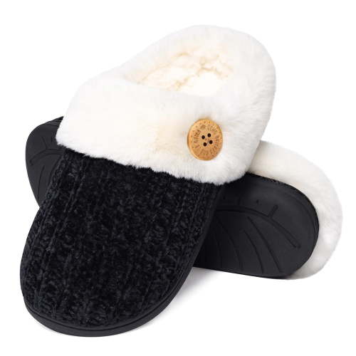 Litfun Fuzzy Slippers for Women Chenille Knit Fleece Slippers Memory Foam House Shoes, Buttoned Black, Size 8-9