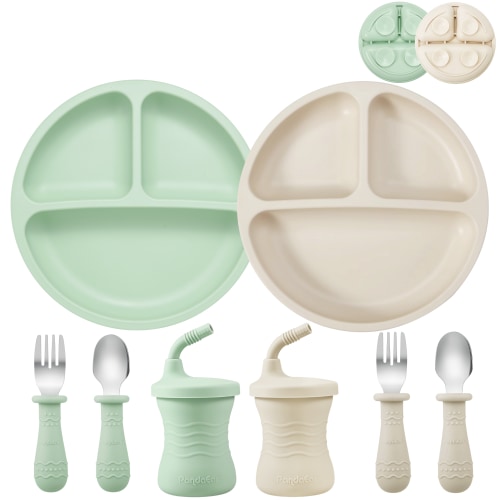 PandaEar Silicone Baby Feeding Set | 2 Silicone Divided Suction Plate and 2 Toddler Cup with 4 Silicone Stainless Spoons & Forks| BLW Supplies Self Feeding Eating Utensils (Sea Mist/Bone)