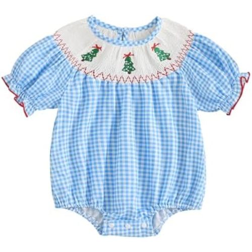 Newborn Baby Girl Smocked Pumpkin Outfit Infant Plaid Bubble Romper Embroidery Halloween Thanksgiving Fall Clothes