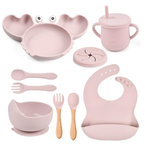 Silicone Baby feeding set |10 Pcs Premium BPA-Free,Baby Lid Weaning Supplies with Suction plate and Bowl Set,Toddler self feeding Utensils with Spoons,Forks,Bib,Cup|Baby feeding essentials for6+Months