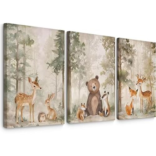 Woodland Nursery Wall Art Decor Animal Forest Canvas Prints Baby Boy Room Wall Decor Bear Nursery Nature Pictures Deer Prints Artwork for Boy Girl Kids Bedroom 12x16 Inch Wrapped Canvas Set of 3