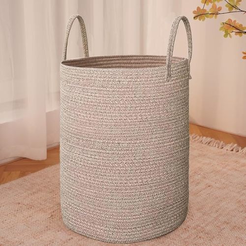 Large Woven Laundry Basket Hamper,60L Cotton Rope Storage Bin for Blankets,Toys and Clothes,Decorative Tall Nursery Hamper for Living Room,Baby Nursery,Bathroom and Bedroom,Oatmeal