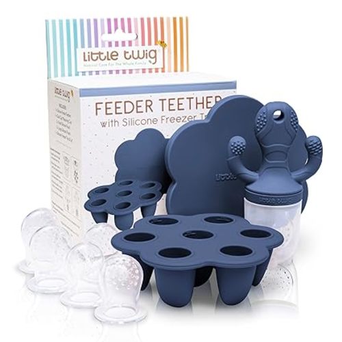 Little Twig Baby Fruit Feeder Pacifier Teether | Baby Food Freezer Tray with Lid | BPA Free Silicone Freezable Teether | Feeding Set for Breast Milk Ice Cubes, Baby Food, Fruit Purees (Steel Blue)