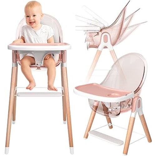 Children of Design 6 in 1 Deluxe Wooden High Chair for Babies & Toddlers, Modern Safe & Compact Baby Highchair, Easy to Clean & Assemble, Removable Tray, 6 Options 3 Seat Positions 2 Heights (Pink)