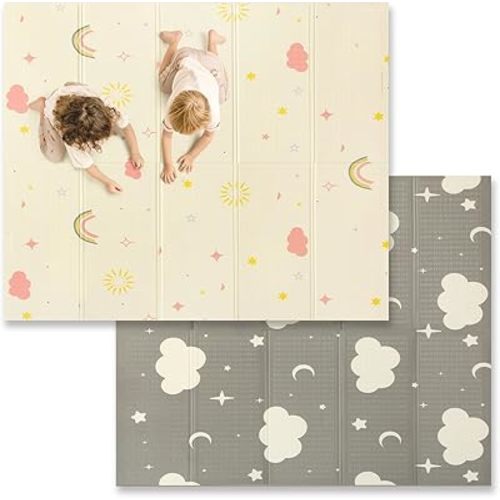Extra Large Foldable Play Mat,71x59 Inch Reversible Baby Play Mat, Non-Toxic & Waterproof Baby Mat for Floor, Foam Play Mat with Travel Bag for Infants Toddlers Tummy Time, Rainbow, Cloud & Moon